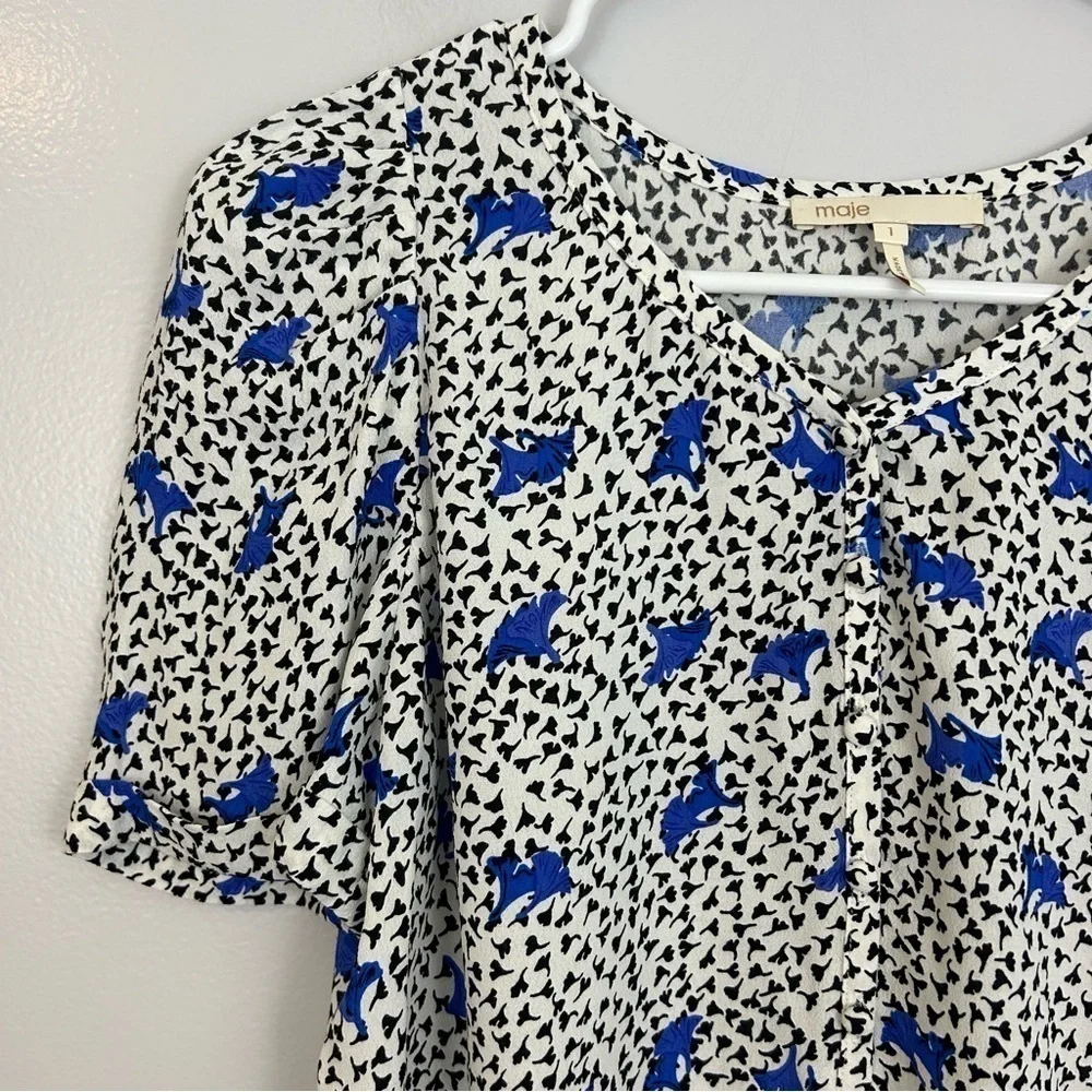 MAJE Lensam Floral Leaf Blue/White V-neck Short Puff Shoulder Blouse Size Small